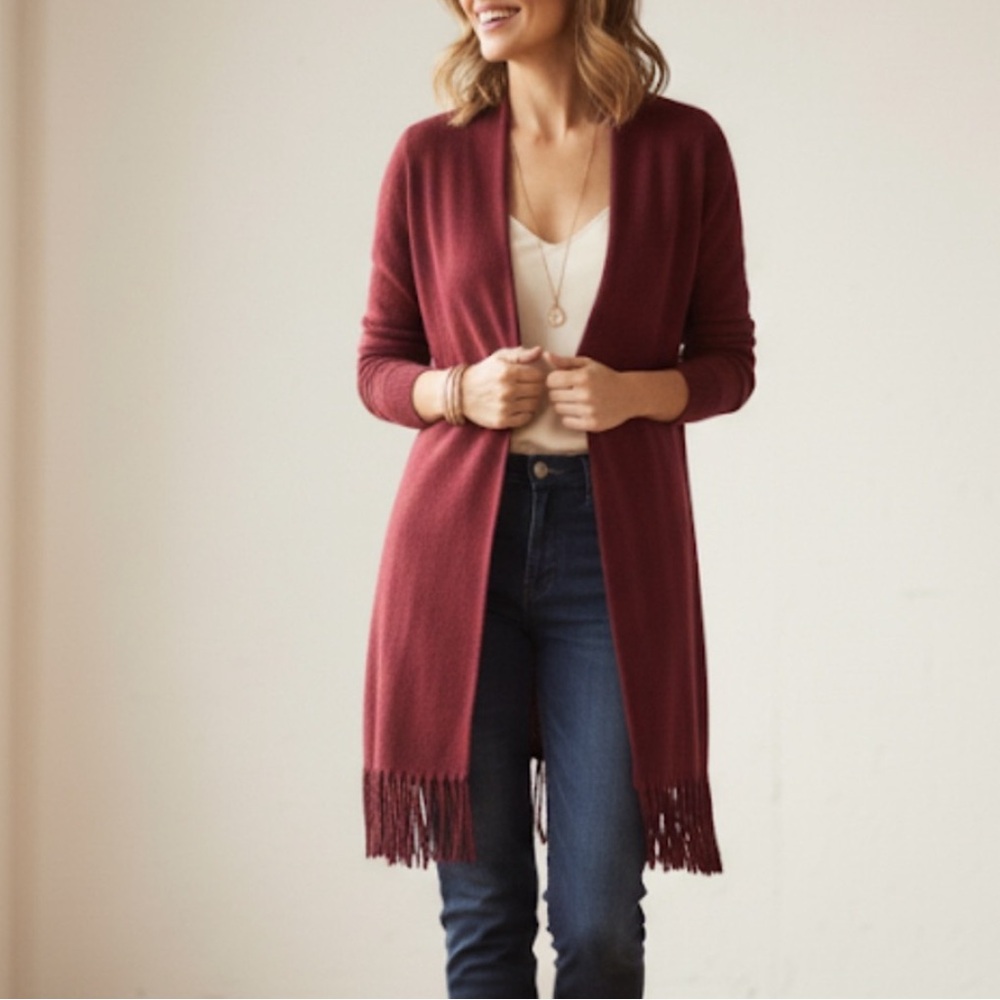 Sara Campbell Cashmere Fringe Cardigan Burgundy Red Longline Sweater Small